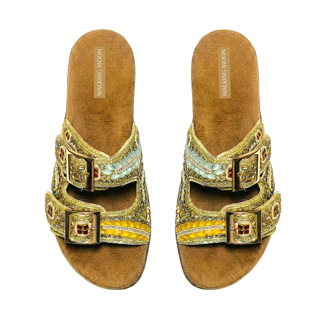 Yellow Mint Kundan Jewel Handwork Buckle flats