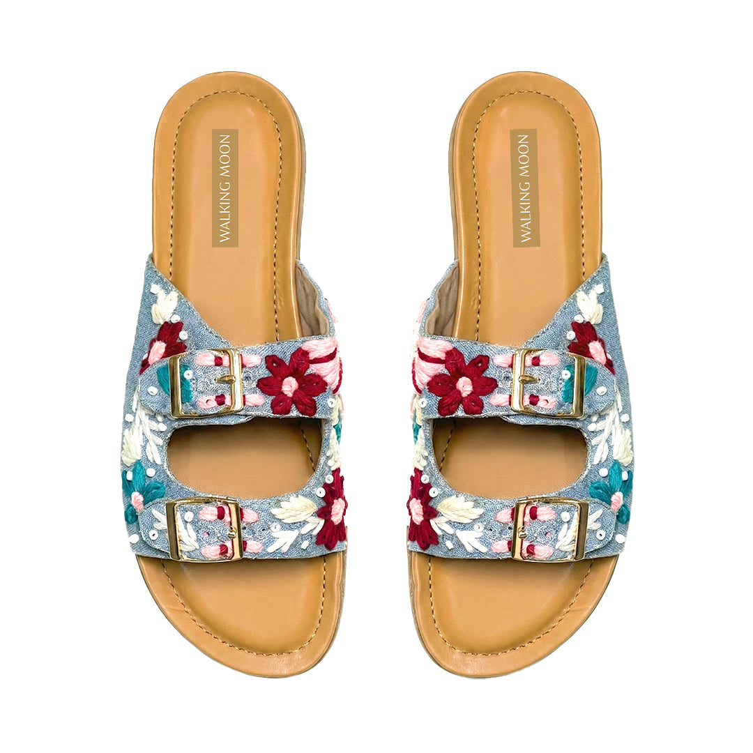 Blue Denim Thread Work Buckle flats