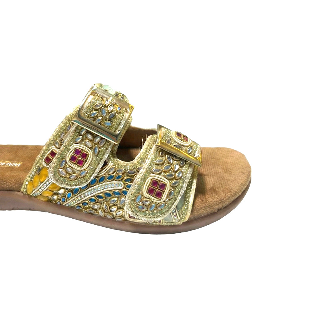 Yellow Mint Kundan Jewel Handwork Buckle flats