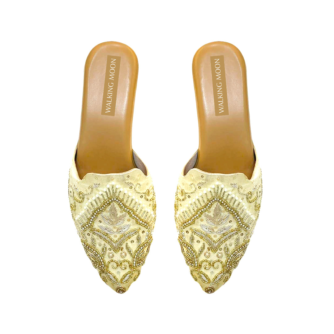 White Golden Bridal Mule Heel