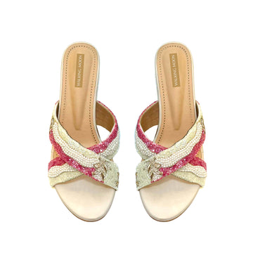 Rosy Bliss Beaded Crisscross Block Heel