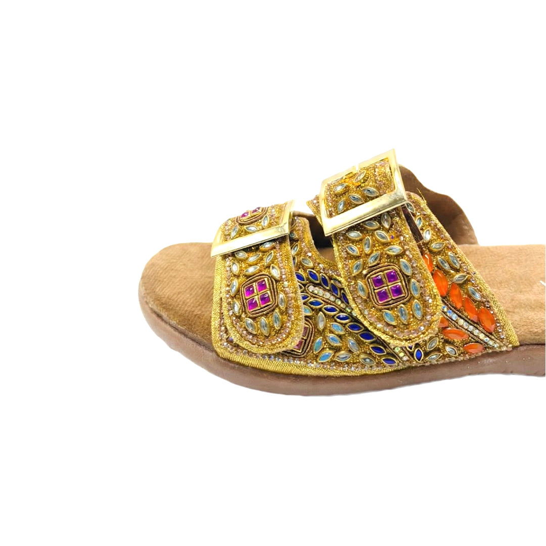 Golden Kundan Jewel Handwork Buckle flats