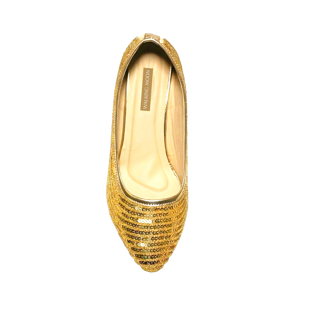 Golden Sequin Embellished Belly Heels