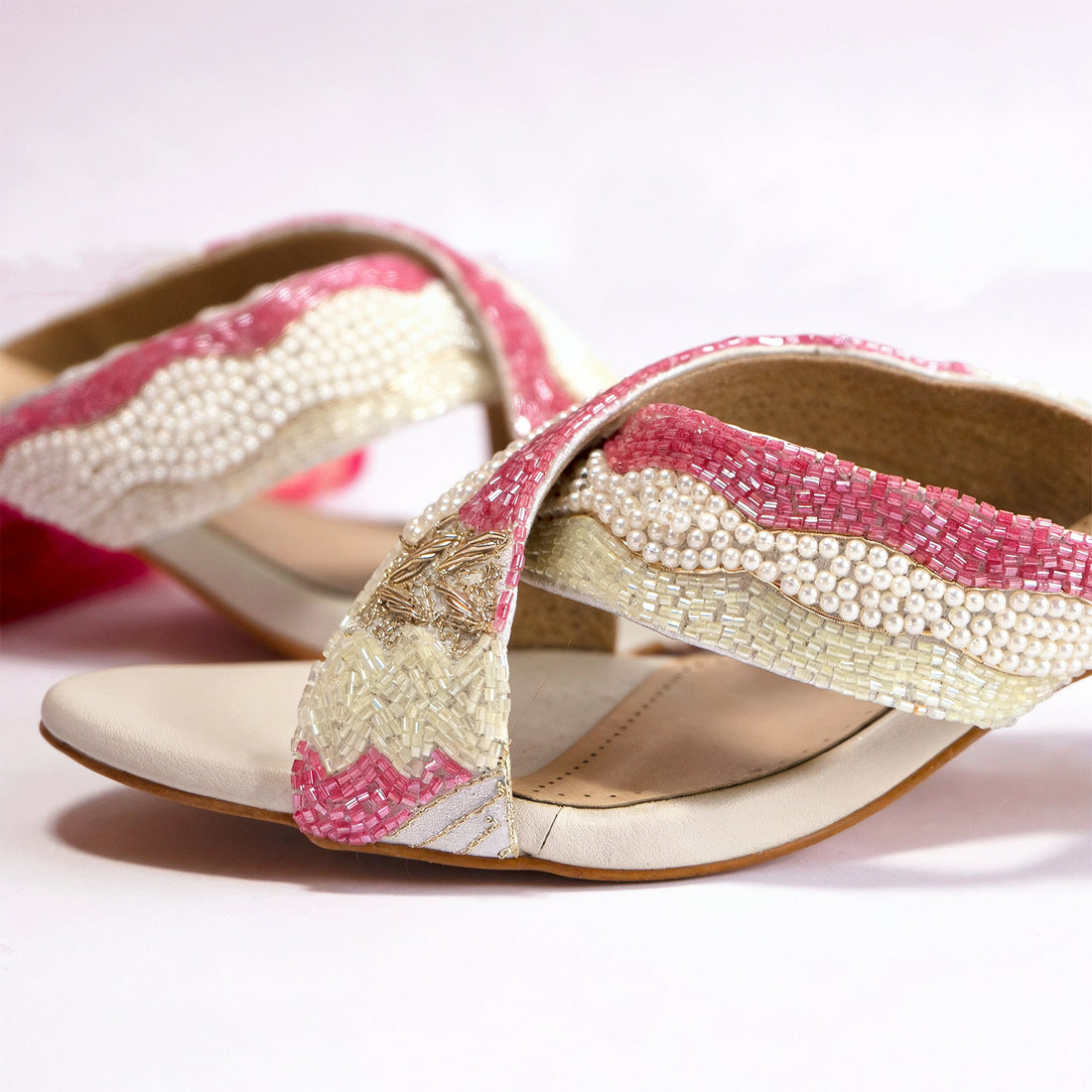 Rosy Bliss Beaded Crisscross Block Heel