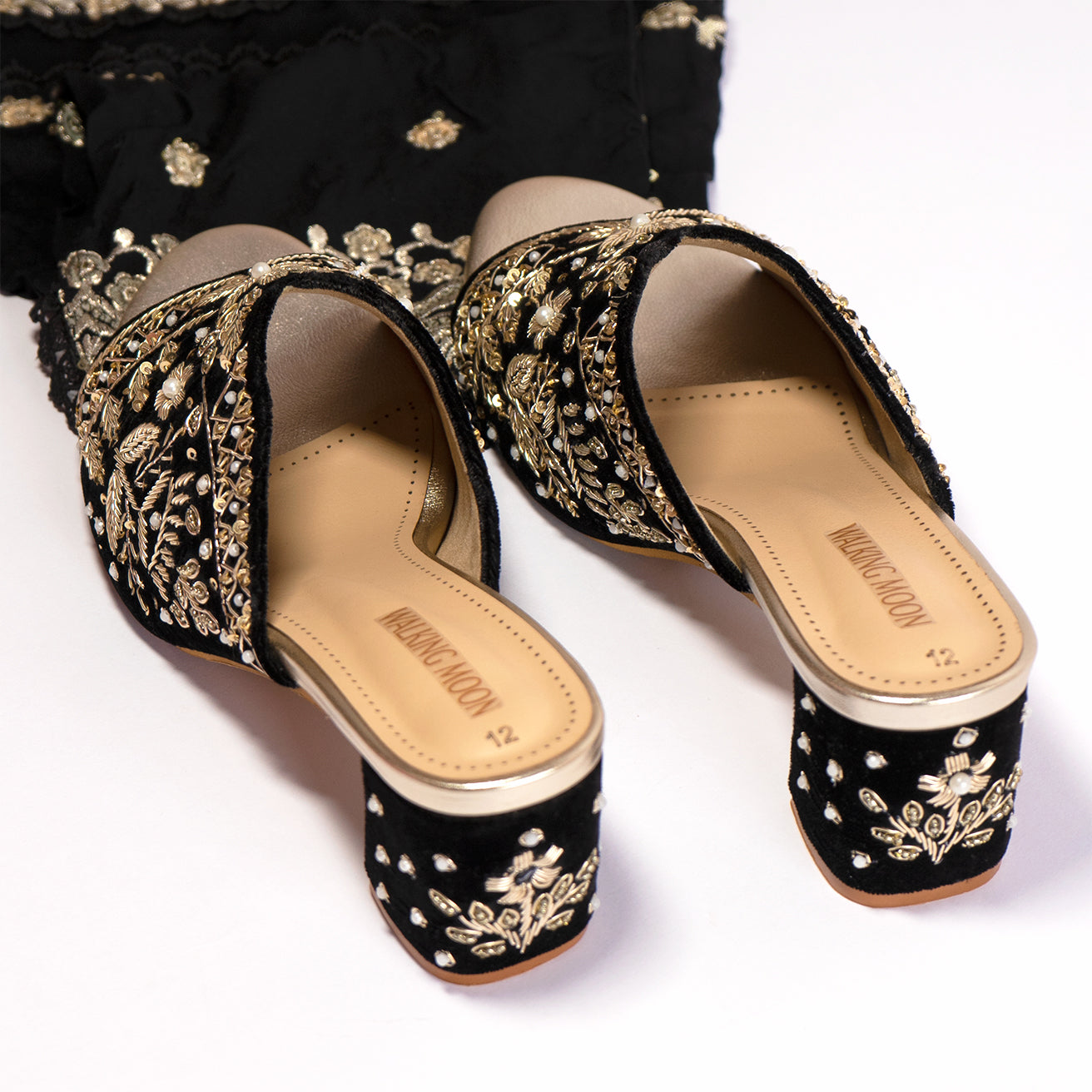 Opulent Black Golden Zari Work Block Heel