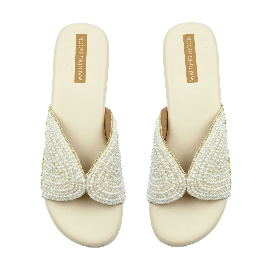 Cream Pearl Beaded Hand Work Wedges