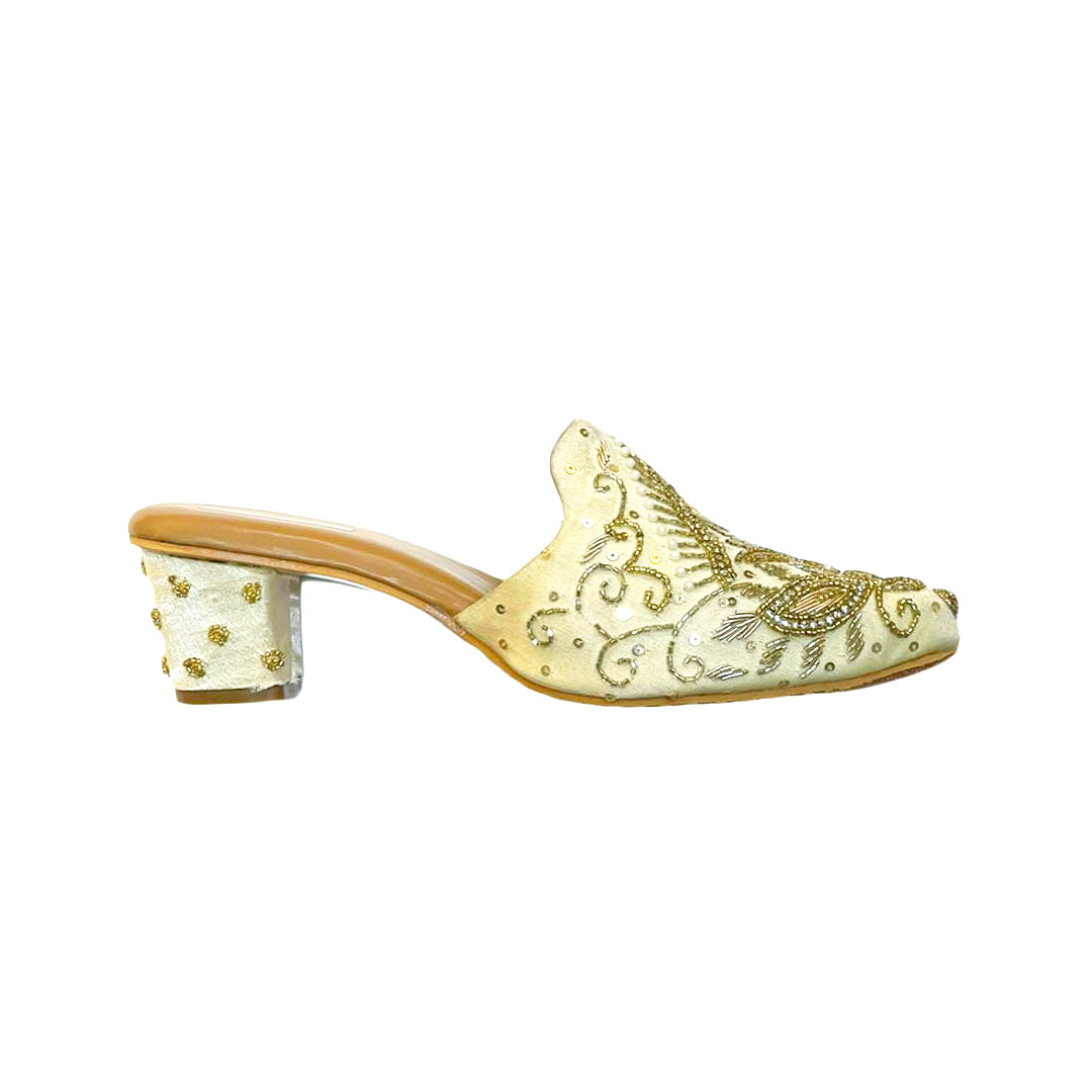 White Golden Bridal Mule Heel