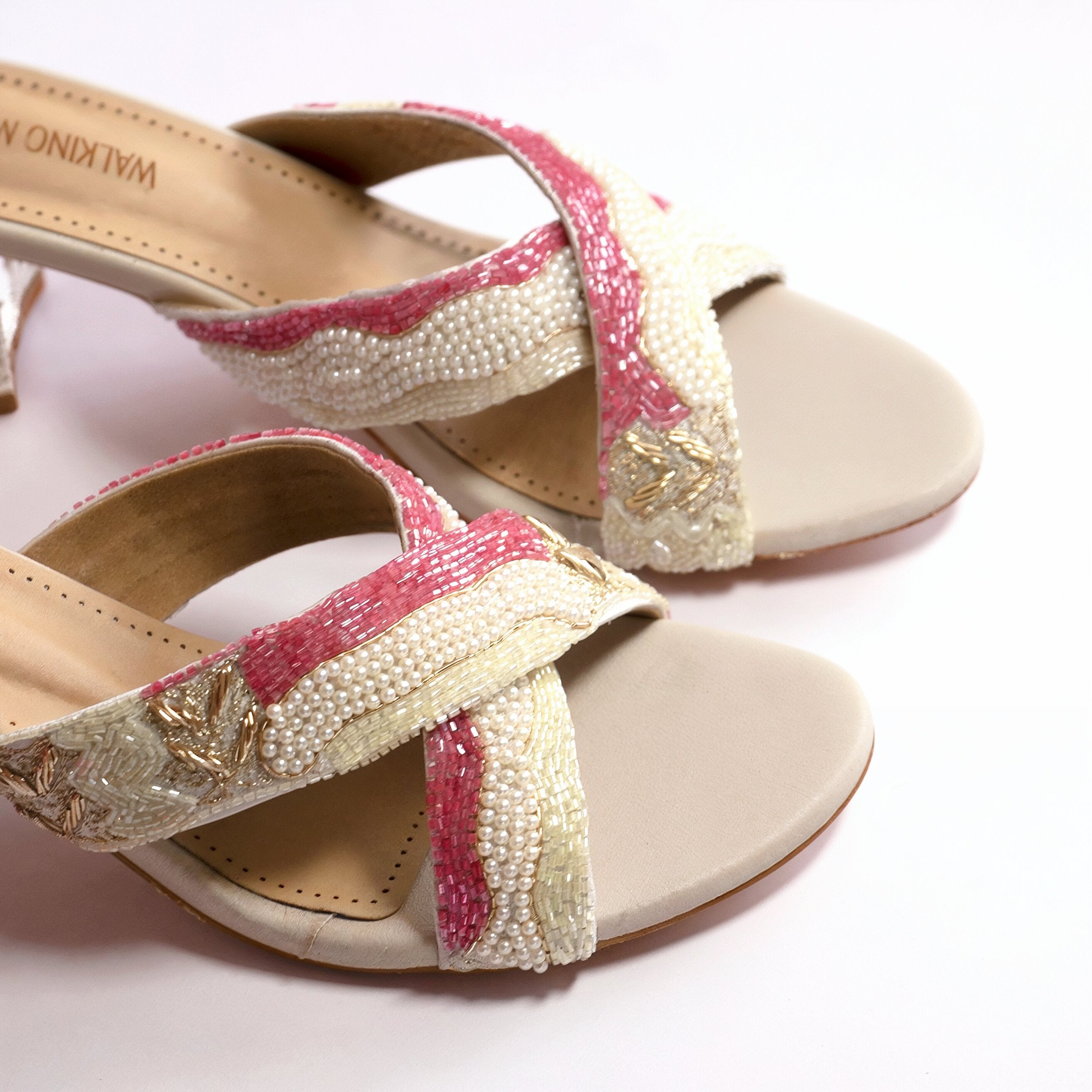 Rosy Bliss Beaded Crisscross Block Heel