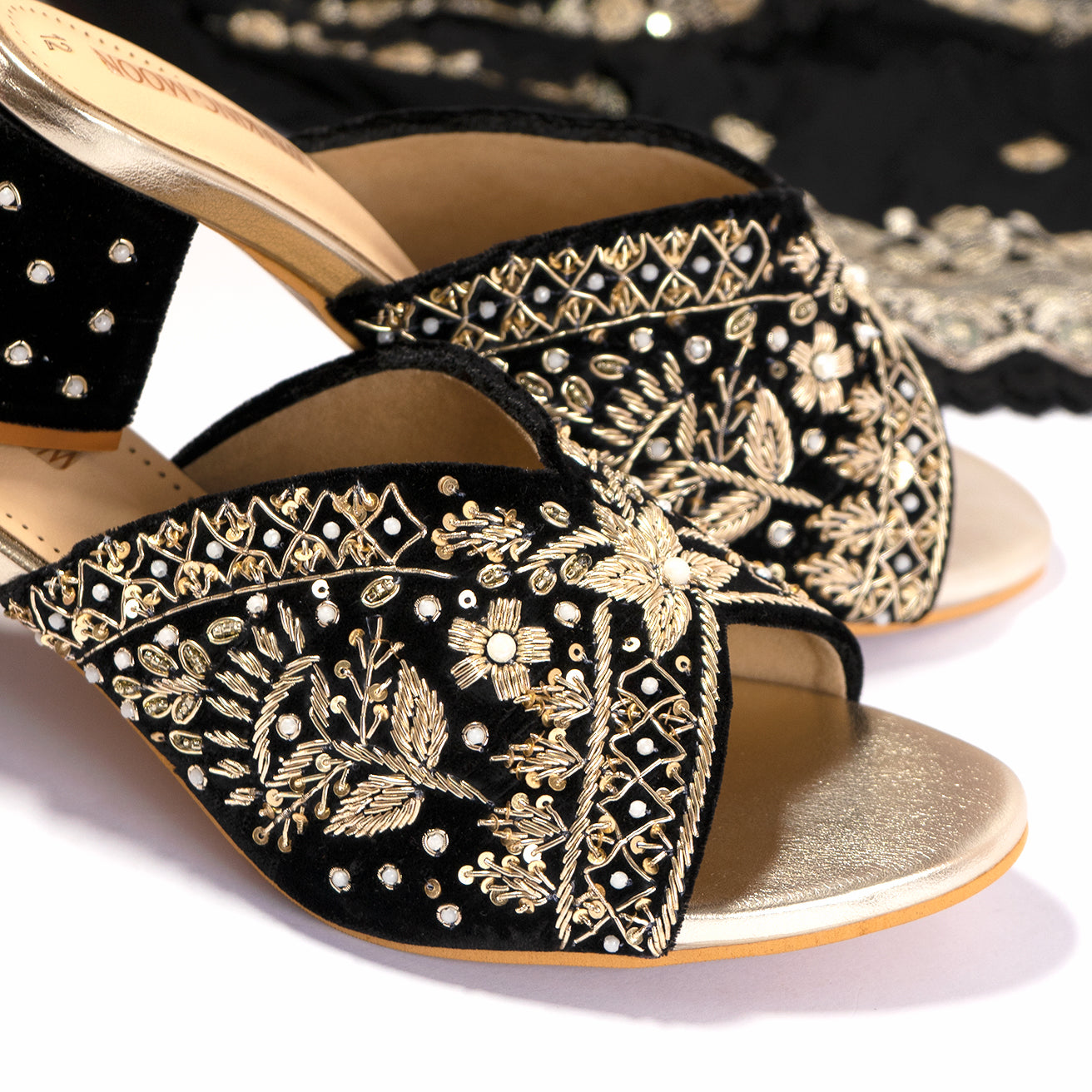 Opulent Black Golden Zari Work Block Heel