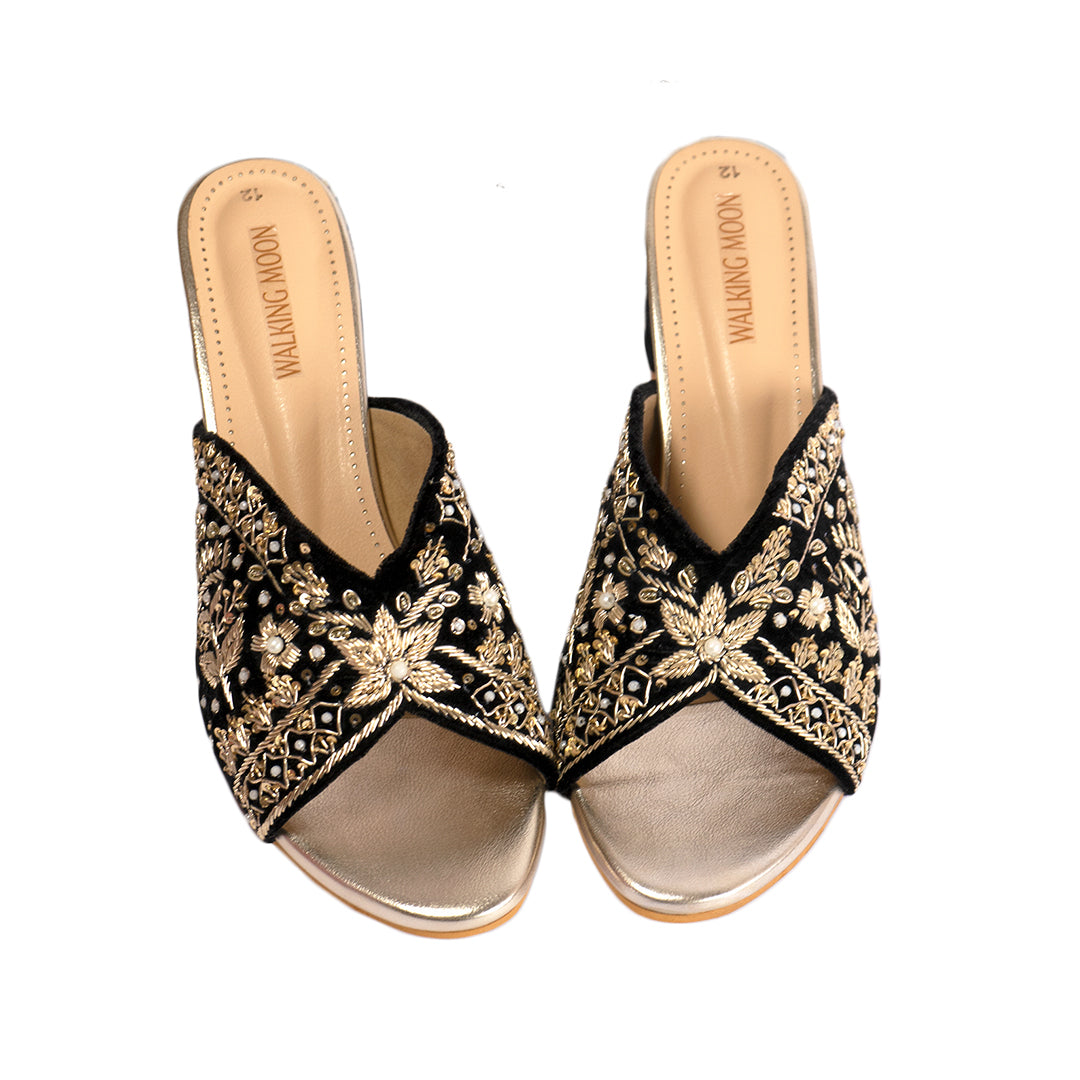 Opulent Black Golden Zari Work Block Heel