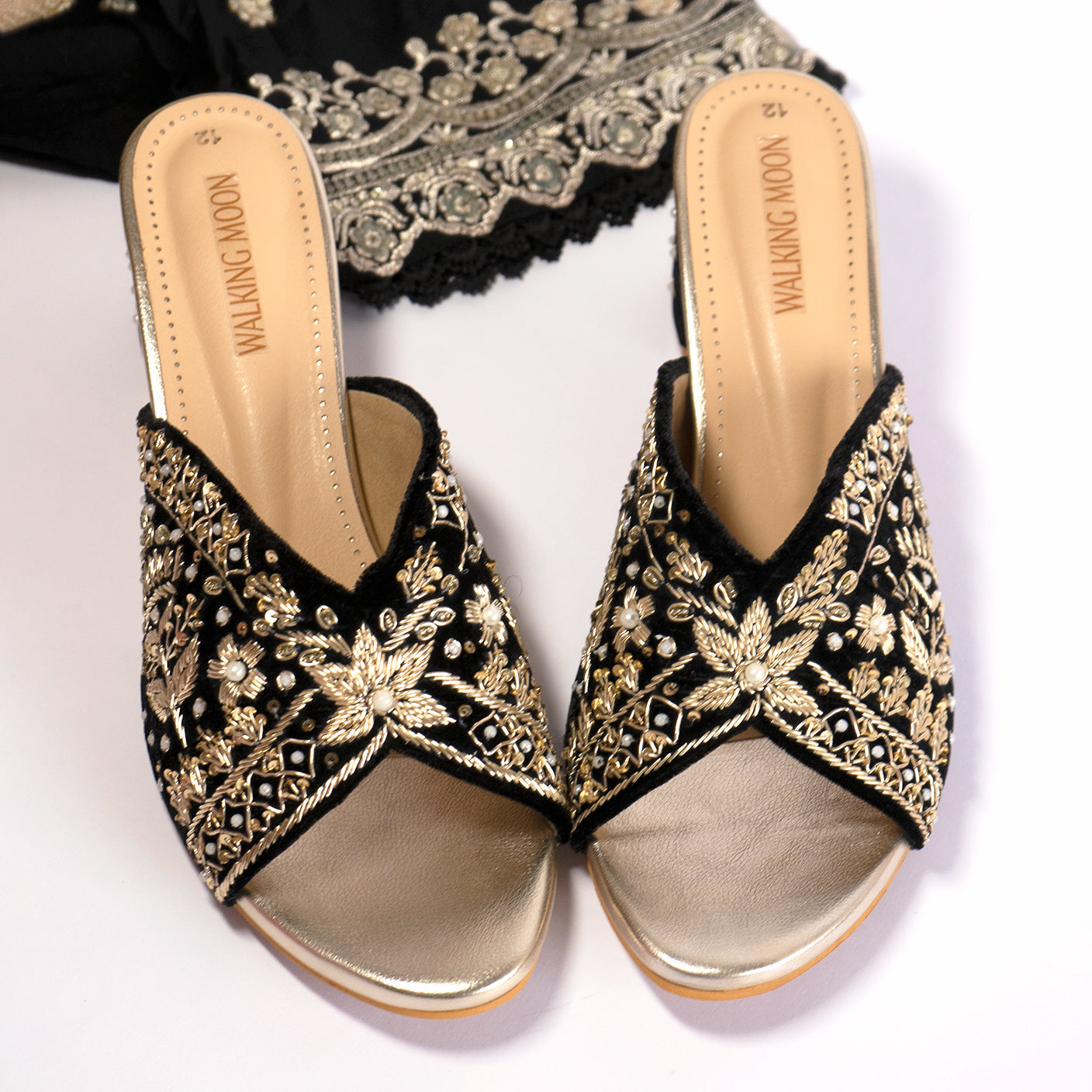 Opulent Black Golden Zari Work Block Heel