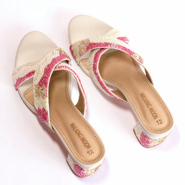 Rosy Bliss Beaded Crisscross Block Heel