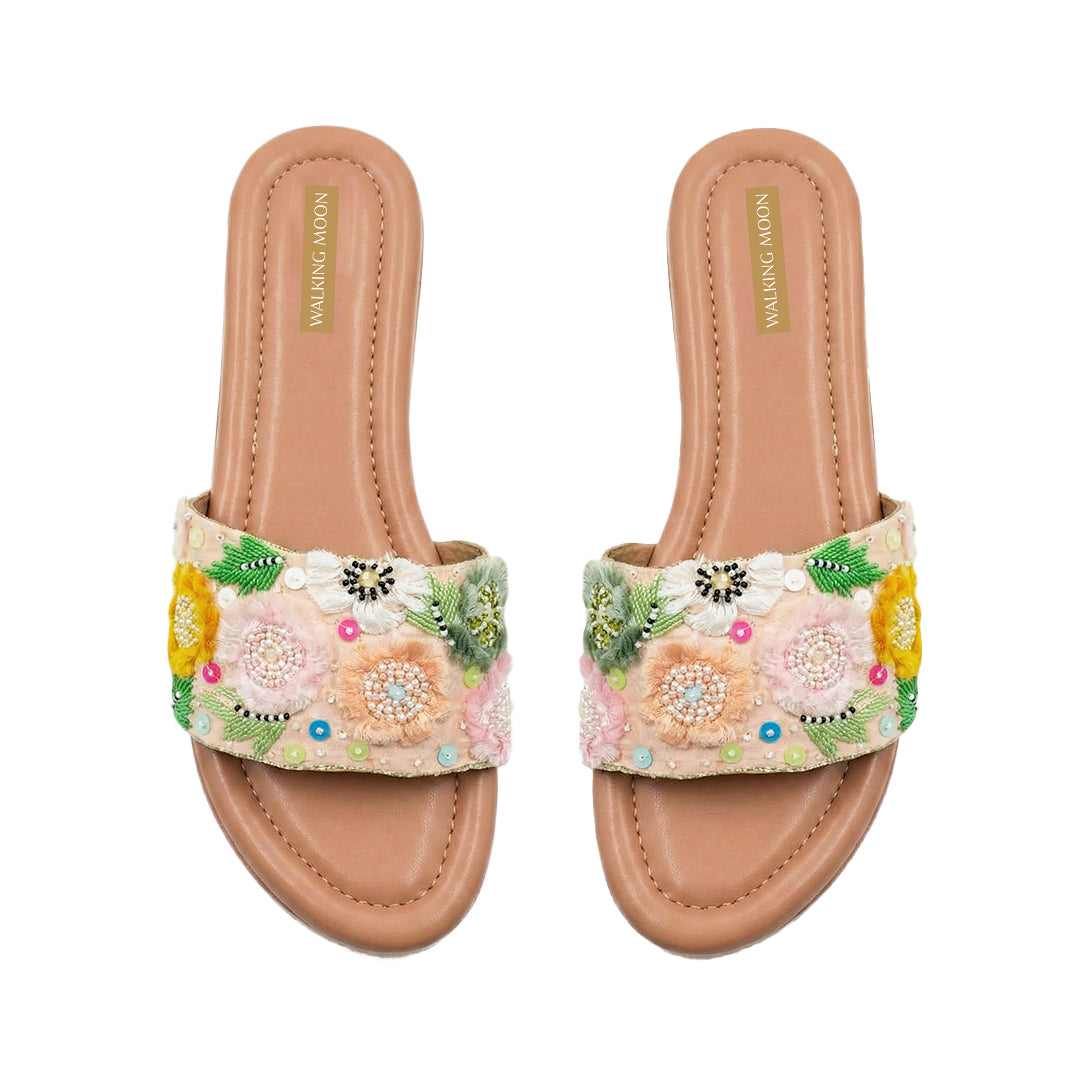 Peach Floral Beadwork Wedges
