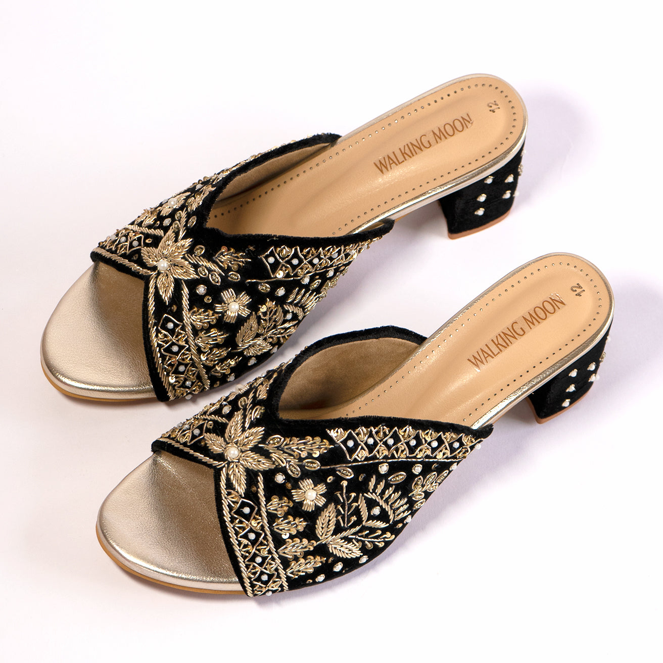 Opulent Black Golden Zari Work Block Heel