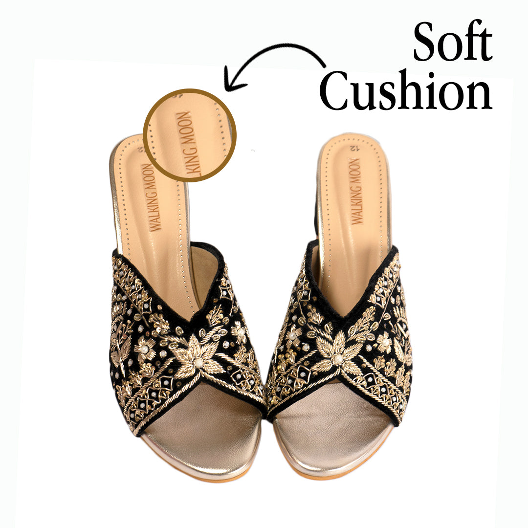 Opulent Black Golden Zari Work Block Heel