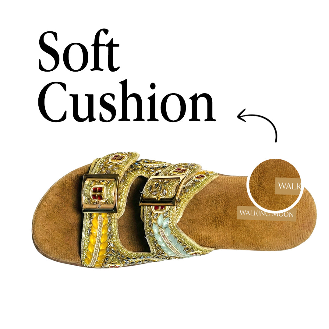 Yellow Mint Kundan Jewel Handwork Buckle flats