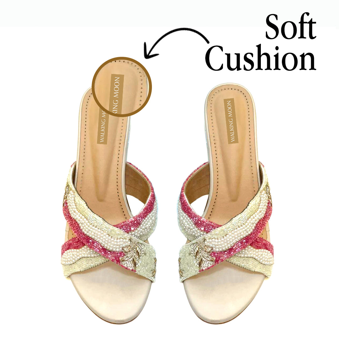 Rosy Bliss Beaded Crisscross Block Heel