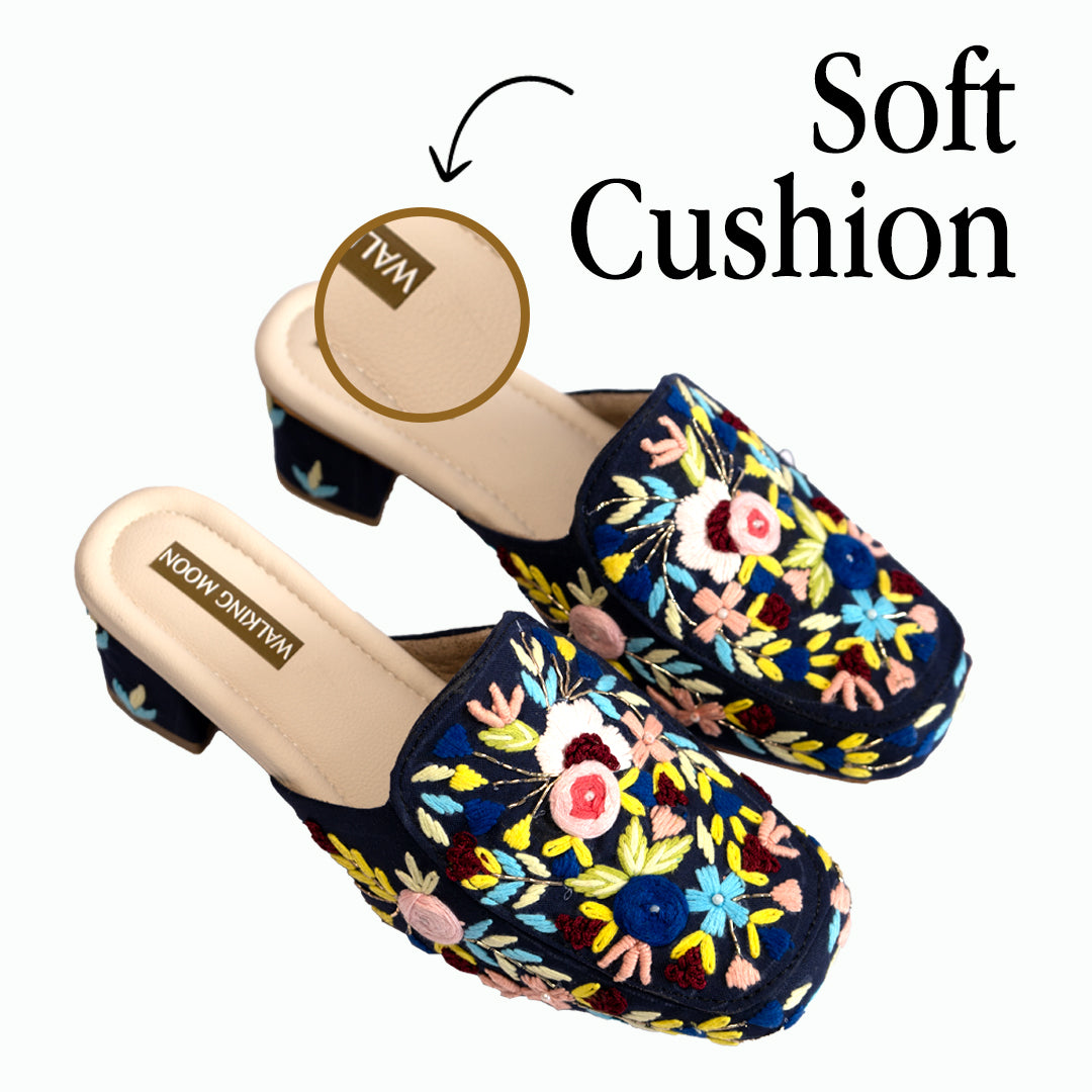 Floral Symphony Navy Mule Heel