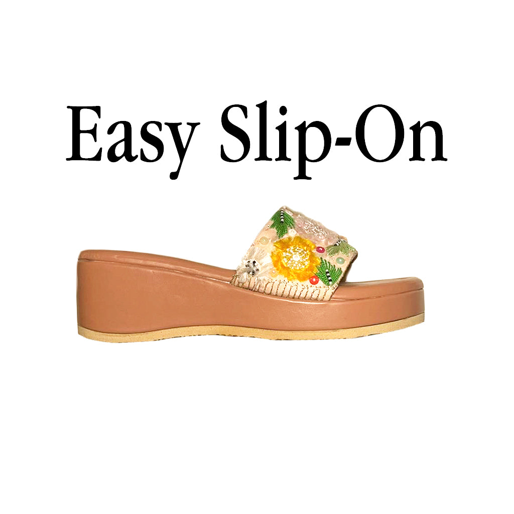 Peach Floral Beadwork Wedges