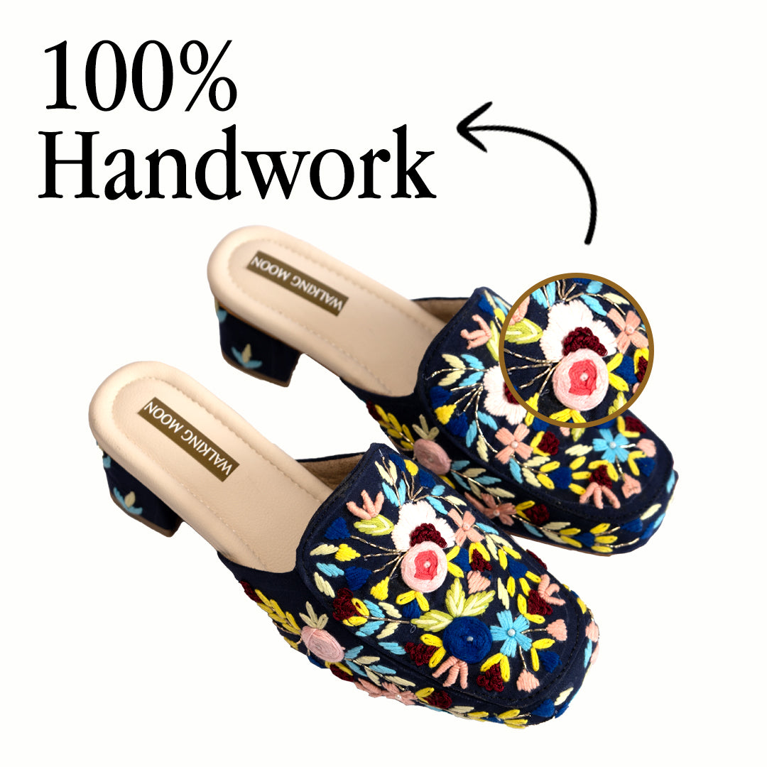 Floral Symphony Navy Mule Heel