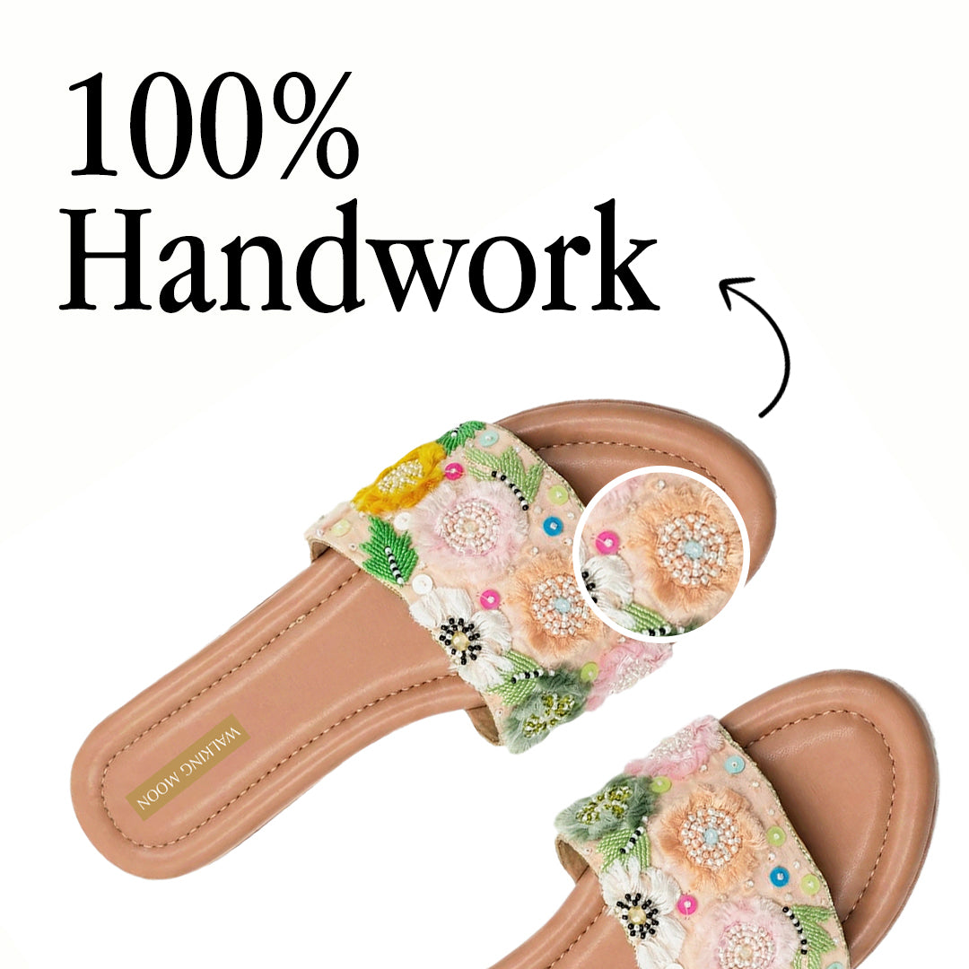 Peach Floral Beadwork Wedges