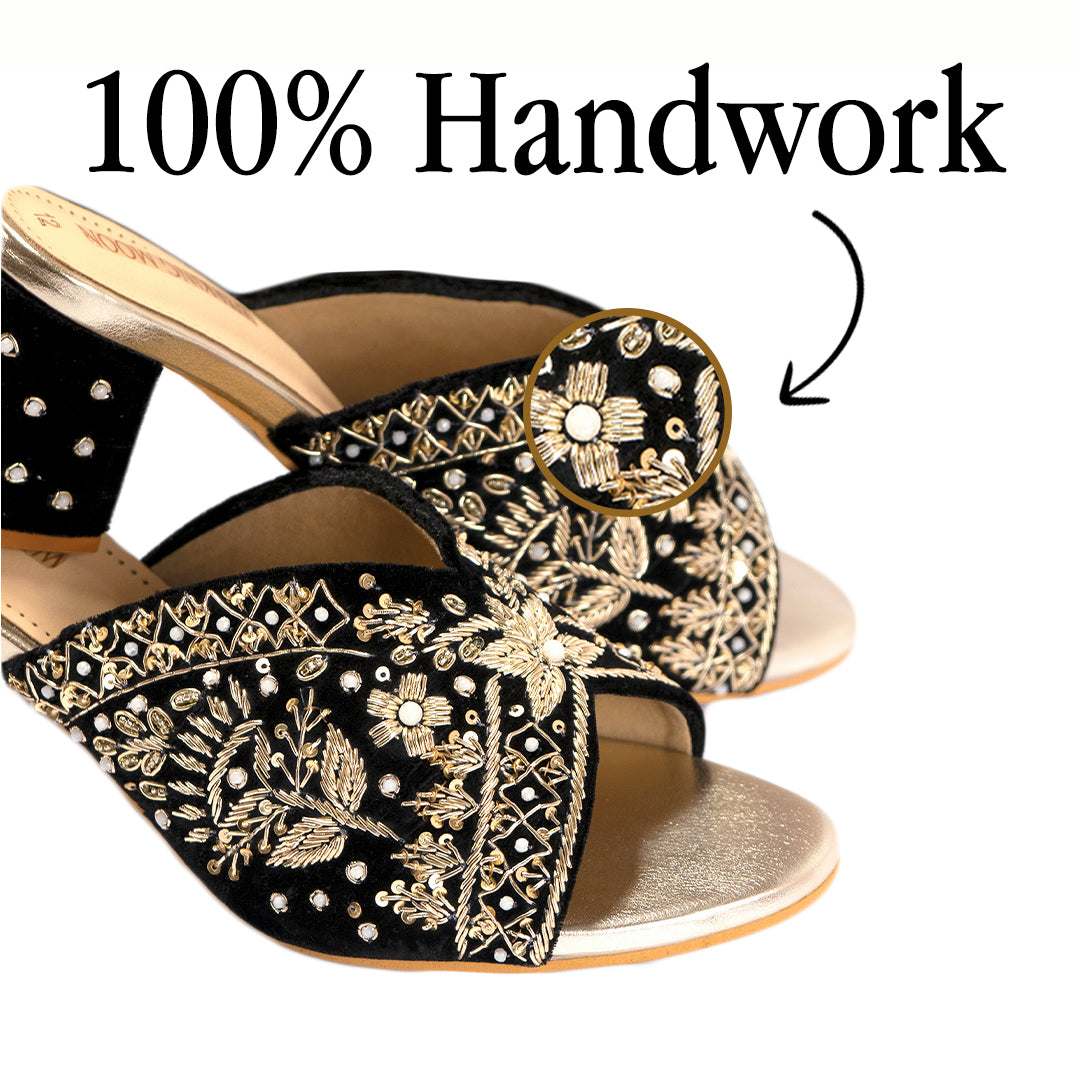 Opulent Black Golden Zari Work Block Heel