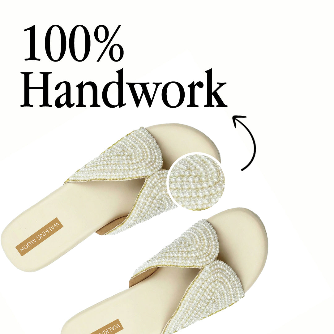 Cream Pearl Beaded Hand Work Wedges
