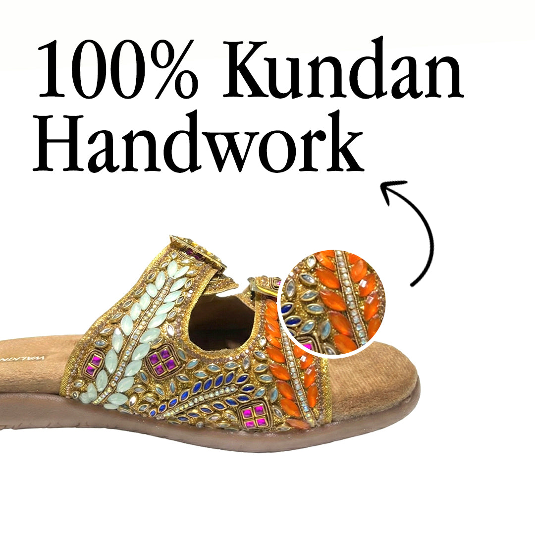 Golden Kundan Jewel Handwork Buckle flats
