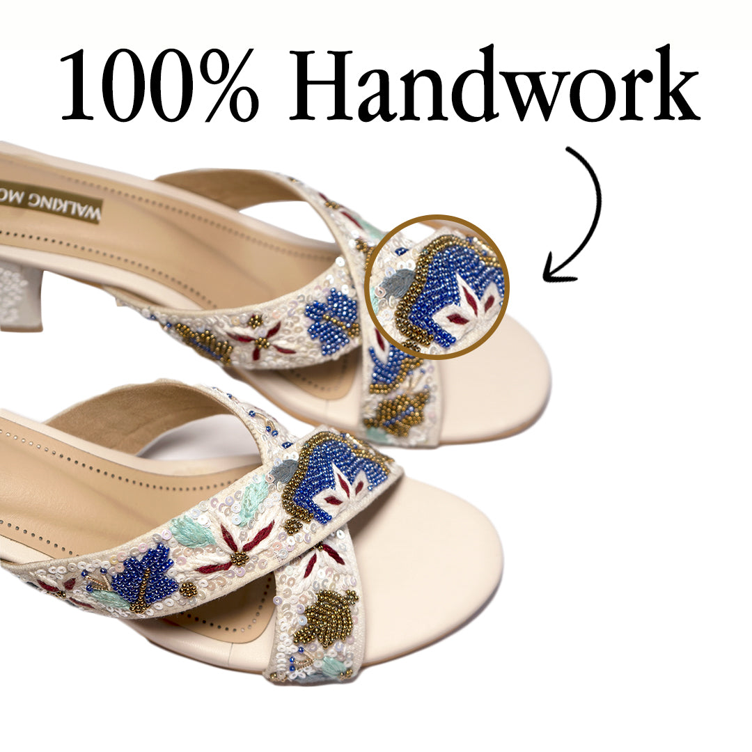 Ivory Floral Cross Block Heel