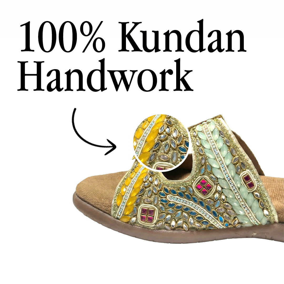 Yellow Mint Kundan Jewel Handwork Buckle flats