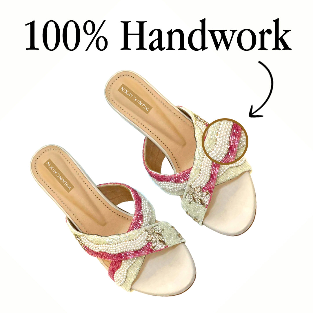 Rosy Bliss Beaded Crisscross Block Heel