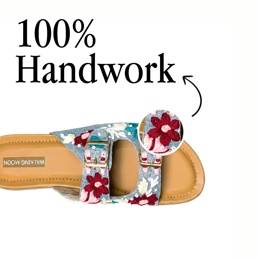 Blue Denim Thread Work Buckle flats