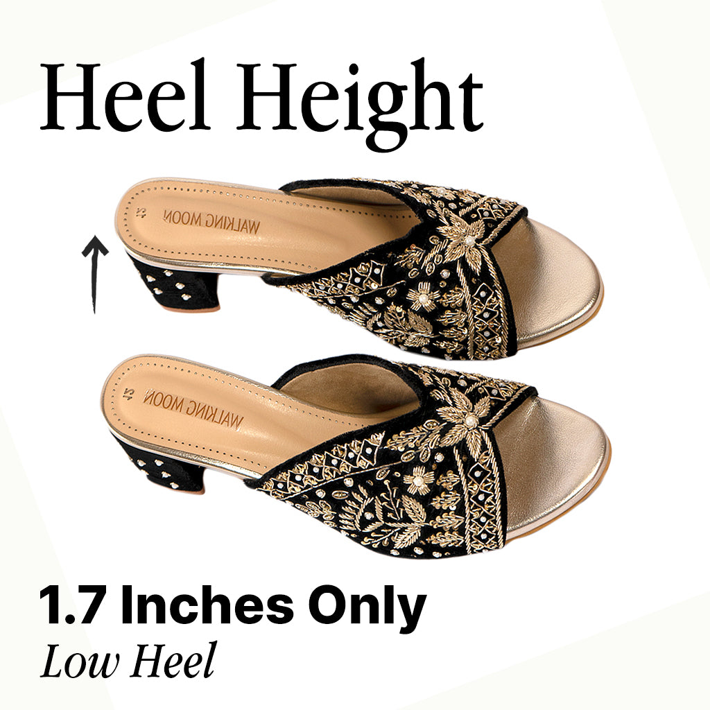 Opulent Black Golden Zari Work Block Heel